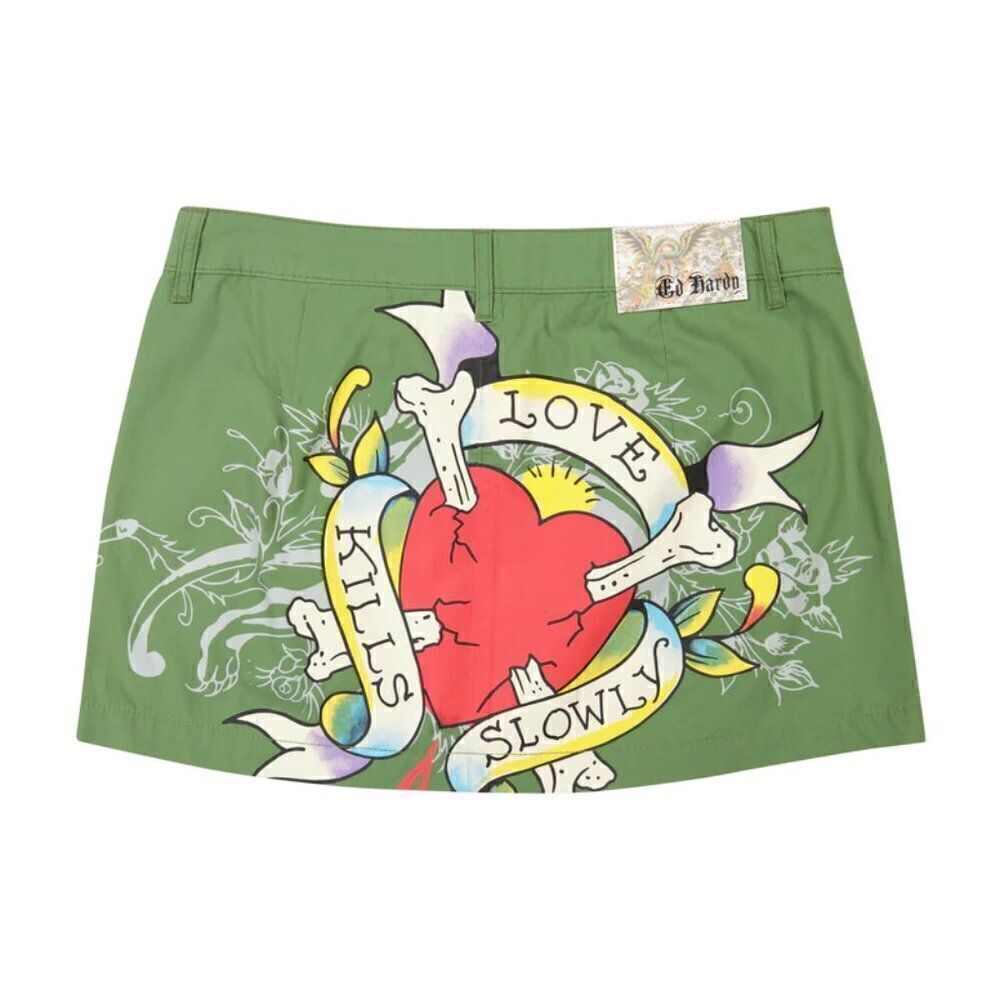 NWT New Ed Hardy Love Kills Slowly Olive Green Heart Skirt Medium Vintage